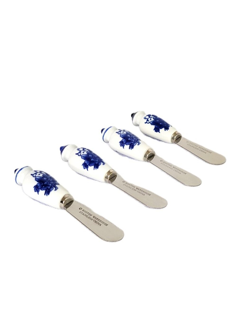 Boston Warehouse Cheese Spreaders Set of 4 Blue Floral Porcelain Stainless Steel
